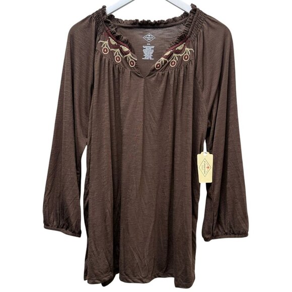 St. Johns Bay Peasant Top XXL Brown Embroidered Knit Tee Blouse Casual Boho NWT - Picture 1 of 10